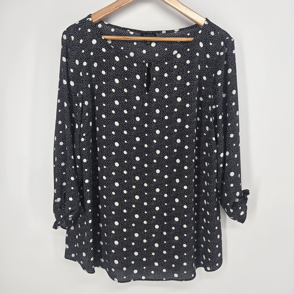 Talbots Blouse Womens XL Black White Polka Dot Tie Cuff 3/4 Sleeve Keyhole Top
